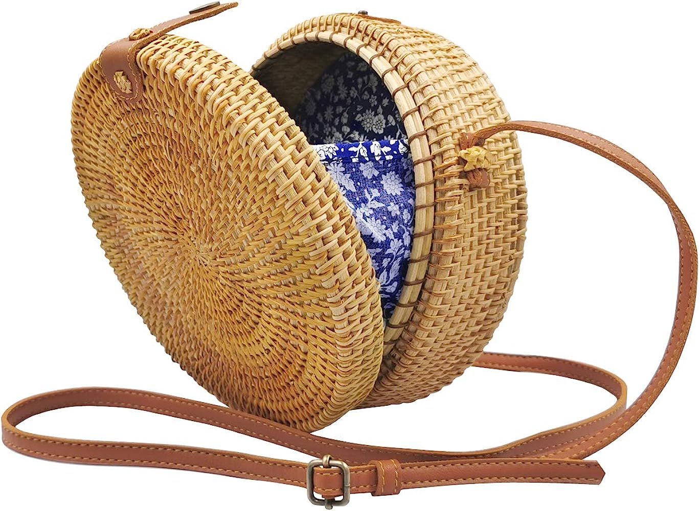 Handwoven Round Rattan Bag for Women Bali Ata Straw Bags Adjustable Shoulder Leather Straps | Amazon (US)