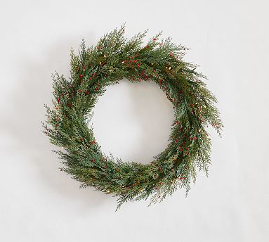 Faux Lit Cedar Berry Pine Wreath & Garland | Pottery Barn (US)