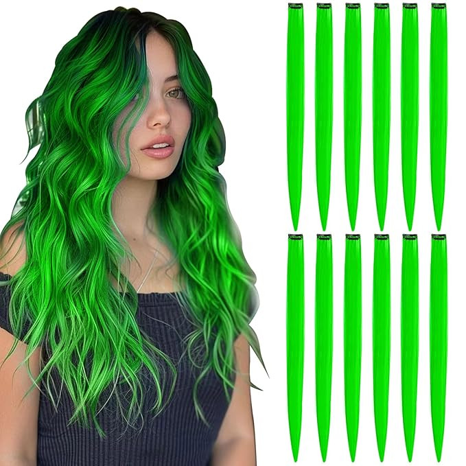 12 Pcs Green Hair Extensions Clip in for Kids Girls, 22 Inch Long Streak Straight Ins Heat Resist... | Amazon (US)