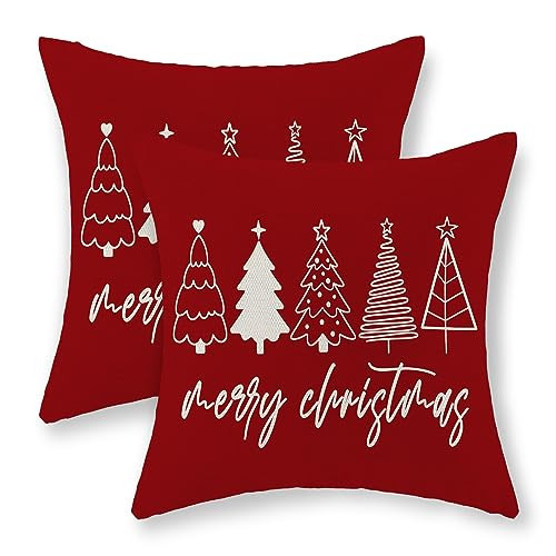 GOLIANDA Christmas Pillow Covers 18x18 Set of 2 Christmas Decor Linen Pillowcase Winter Christmas Decorative Red Throw Pillows Christmas Tree Holiday Decor Outdoor Cushion Covers for Couch Home Decor | Amazon (US)