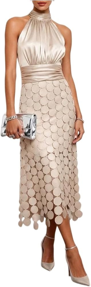 Women Satin Halter Neck Midi Dress Ruched Bust Circle Patchwork Elegant Chic Comfy Flowy Evening ... | Amazon (US)