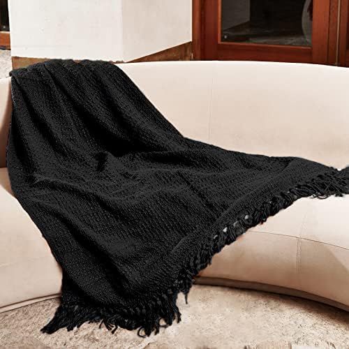 Thick Chunky Black Knit Throw Blanket for Couch Chair Sofa Bed, Chic Boho Style Textured Basket W... | Amazon (US)