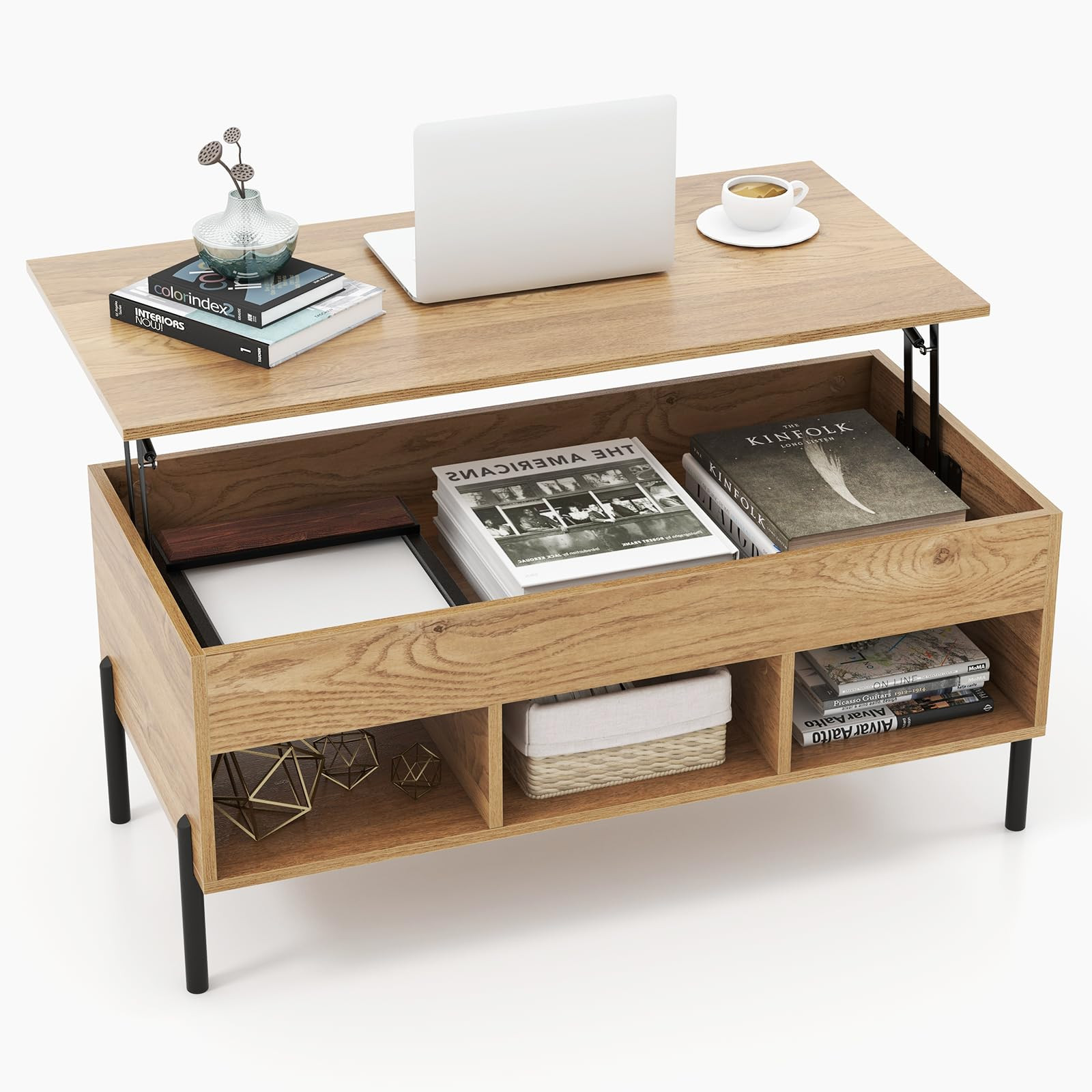 Tangkula Lift Top Coffee Table with Metal Legs, Rising Center Table w/Hidden Compartment & 3 Open... | Amazon (US)