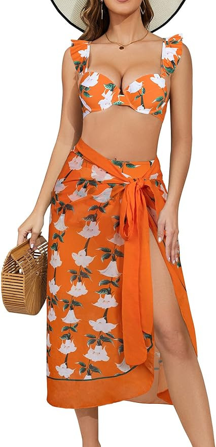 SHEKINI Women's 3 Piece Swimsuits with Cover Ups Beach Skirt Sarong Underwire Bikini Set High Wai... | Amazon (US)