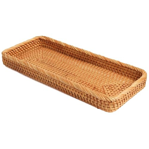 VILSSOVY Rectangular Rattan Tray, Long Woven Tray Rectangle Tray, Flat Rattan Serving Tray for Breakfast, Drinks, Snacks(15.75''x6.69''x1.57'') | Amazon (US)
