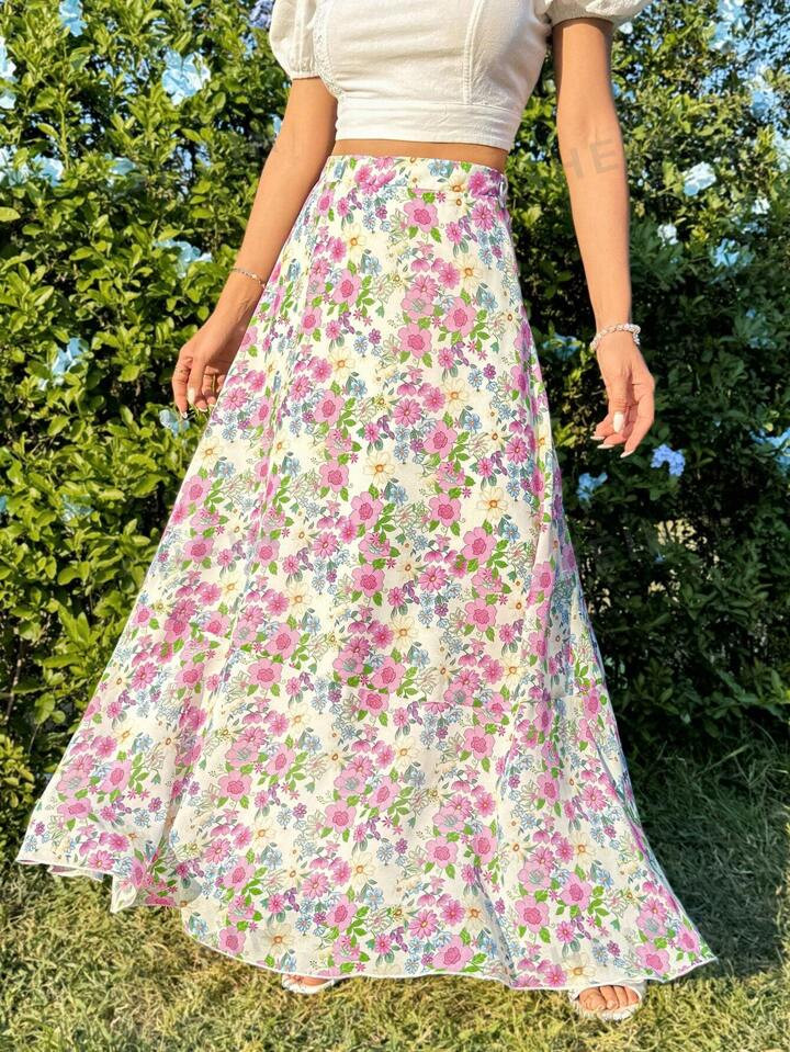 SHEIN WYWH Women's Casual Vacation Style Mid Waist Printed Woven Long Skirt Floral Skirt | SHEIN