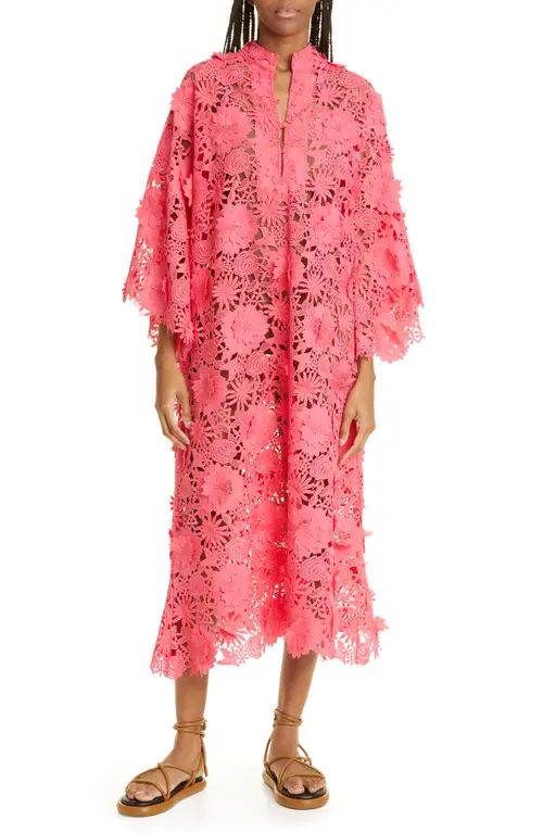 La Vie Style House 3D Floral Lace Cover-Up Caftan in Berry Melon at Nordstrom | Nordstrom