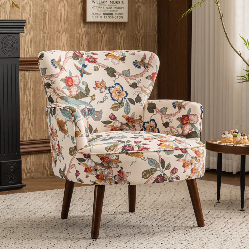 Upholstered Mid Century Modern Floral Accent Armchair with Solid Wood Legs | Wayfair North America