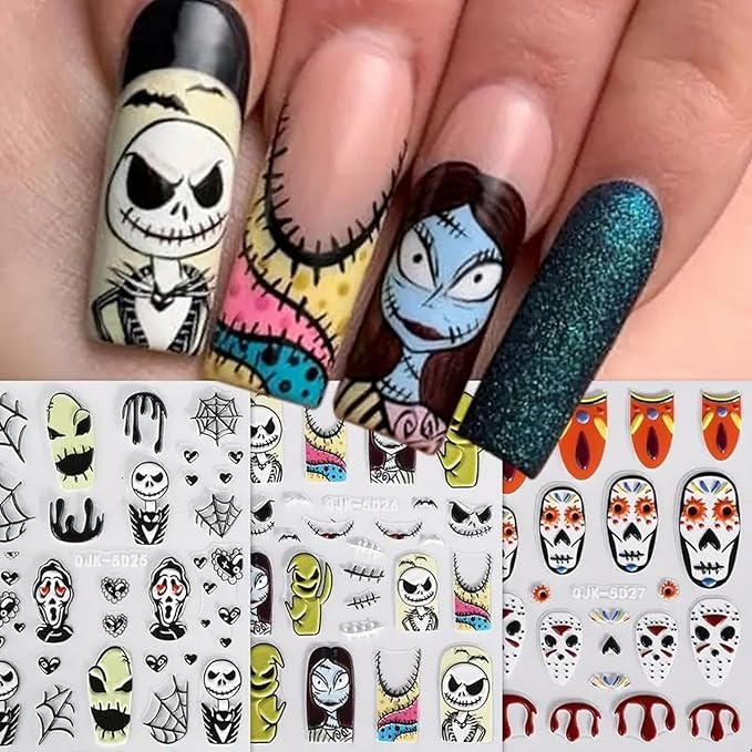 Halloween Nail Art Stickers 5D Embossed Scary Ghost Nightmare 3D Self-Adhesive Nail Decals Terror... | Amazon (US)