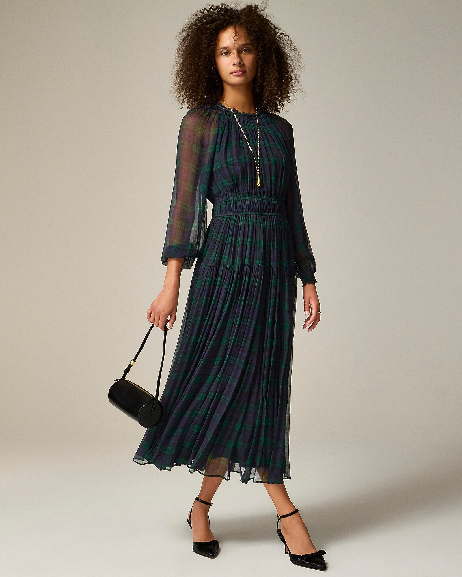 Crinkle chiffon sheer long-sleeve dress in Black Watch tartan | J. Crew US