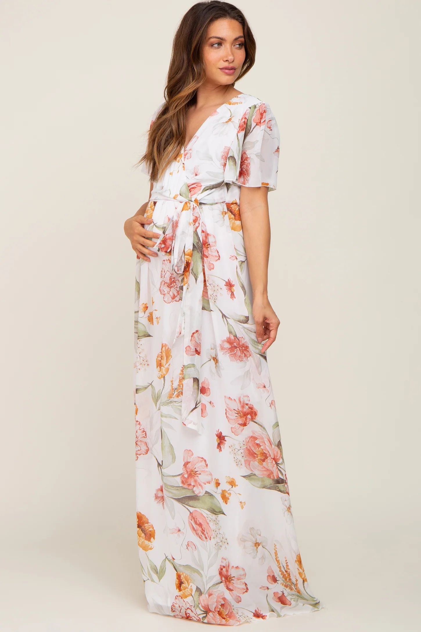 Ivory Floral Chiffon Wrap Front Short Sleeve Maternity Maxi Dress | PinkBlush Maternity