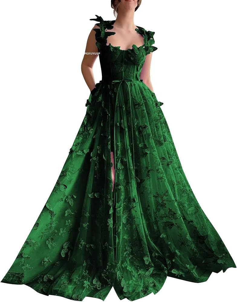PEIYJYUSP 3D Butterfly Tulle Prom Dresses for Women 2024 Lace Applique Princess Prom Dress Long B... | Amazon (US)