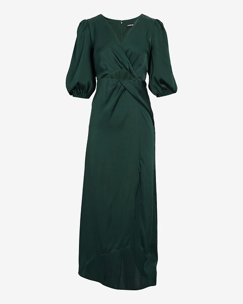 Satin V-neck Puff Sleeve Cutout Hi-lo Maxi Dress | Express