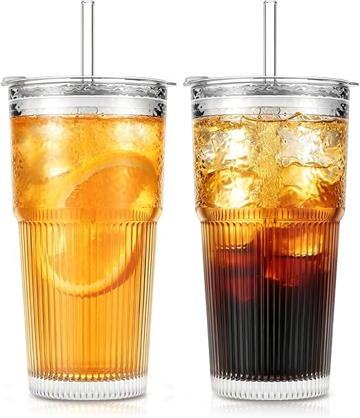 SoulTimes 20oz Glass Tumblers with Lids and Straws, Set of 2 - Stylish Ribbed Design Drinking Gla... | Amazon (US)