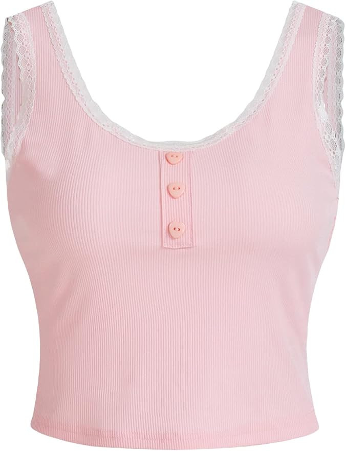 SHENHE Women's V Neck Sleeveless Lace Trim Spaghetti Strap Cami Tank Crop Tops | Amazon (US)