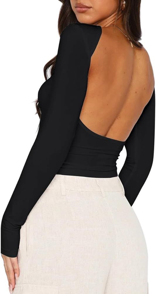 Women’s Long Sleeve Sexy Backless T Shirts Y2K Casual Fall Slim Fitted Crop Top | Amazon (US)