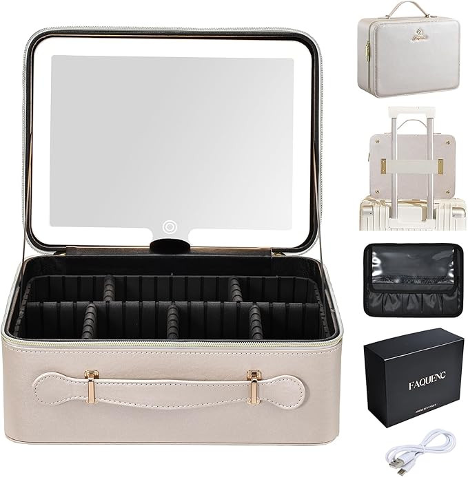 Leather Makeup Case with LED Lighted Mirror 11.4 Inch Travel Makeup Bag Adjustable Brightness in ... | Amazon (US)