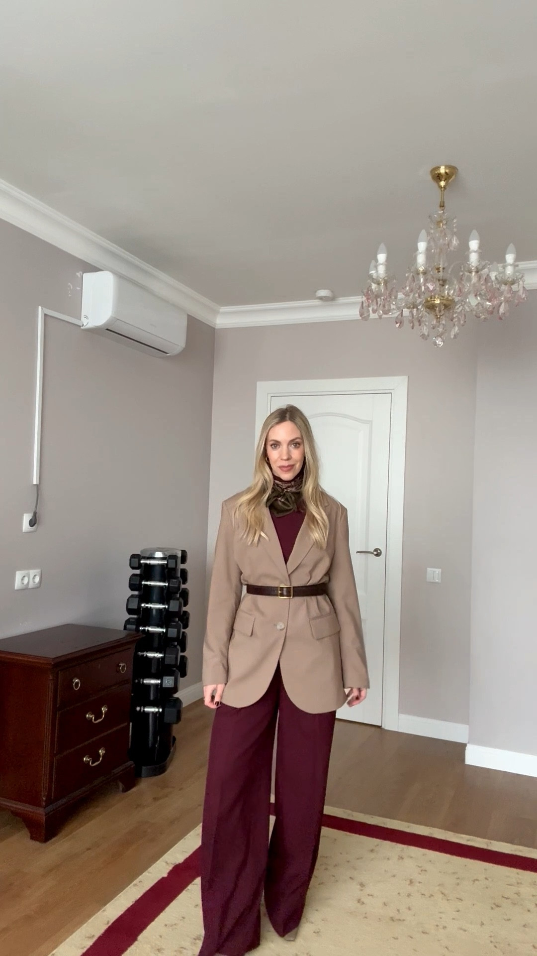 Workwear outfit, brown blazer, silk scarf, burgundy pants, brown and burgundy outfit, office style 

#LTKSaleAlert #LTKOver40 #LTKWorkwear