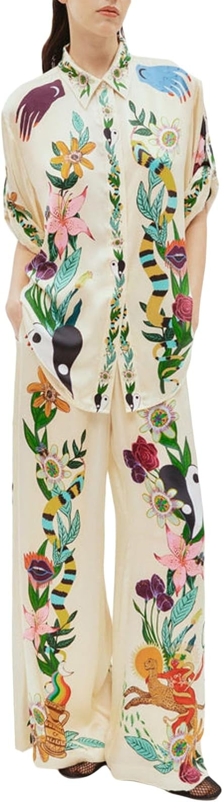 Yuemengxuan Women Vintage Graffiti Casual Set 2 Piece Lounge Set Short Sleeve Button Down Loose S... | Amazon (US)