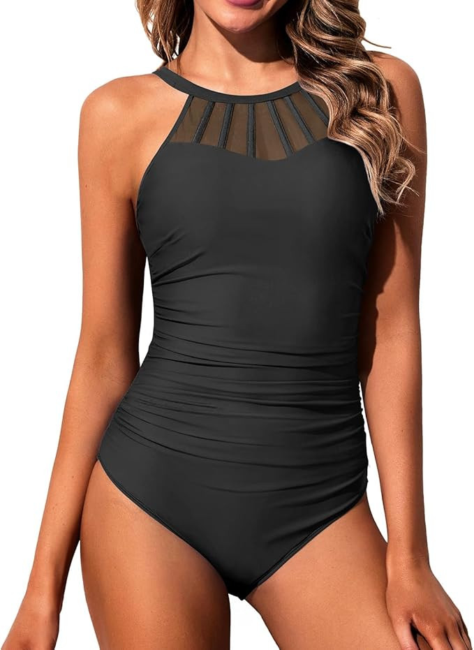 Holipick Black Women High Neck One Piece Swimsuit Tummy Control Bathing Suit Modest Swimwear | Amazon (US)
