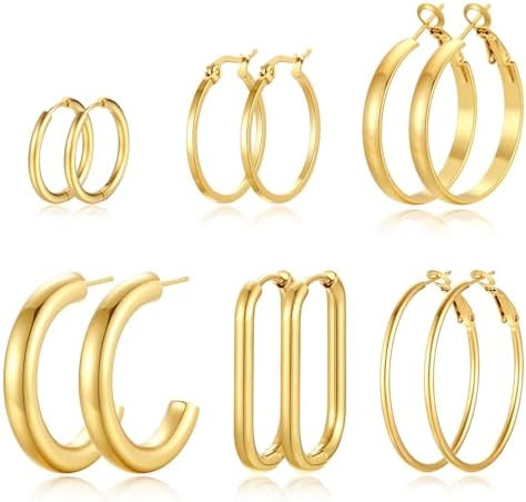 6 Pairs Chunky Silver Gold Hoop Earrings Set for Women 14K Gold Plated Hypoallergenic Thick Open ... | Amazon (US)