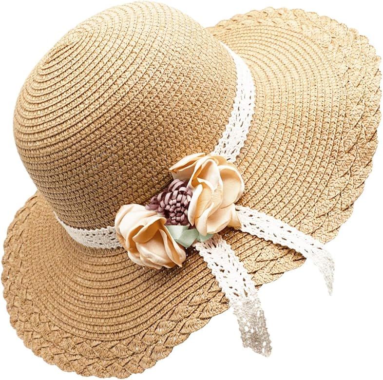 Little Girl Kids Summer Straw Hat Wide Brim Floppy Beach Sun Visor Hat | Amazon (US)