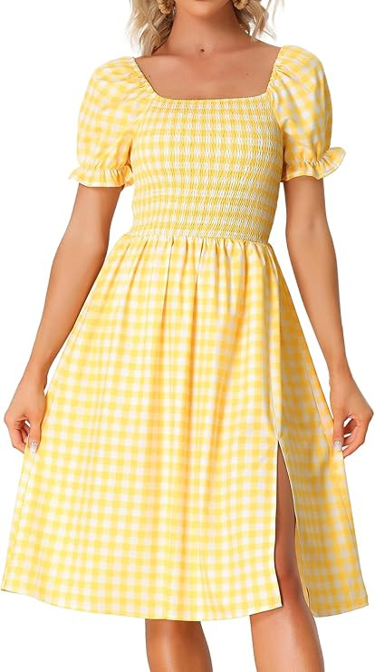 Allegra K Gingham Smocked Dress for Women's Square Neck Side Slit Casual Plaid Dresses | Amazon (US)