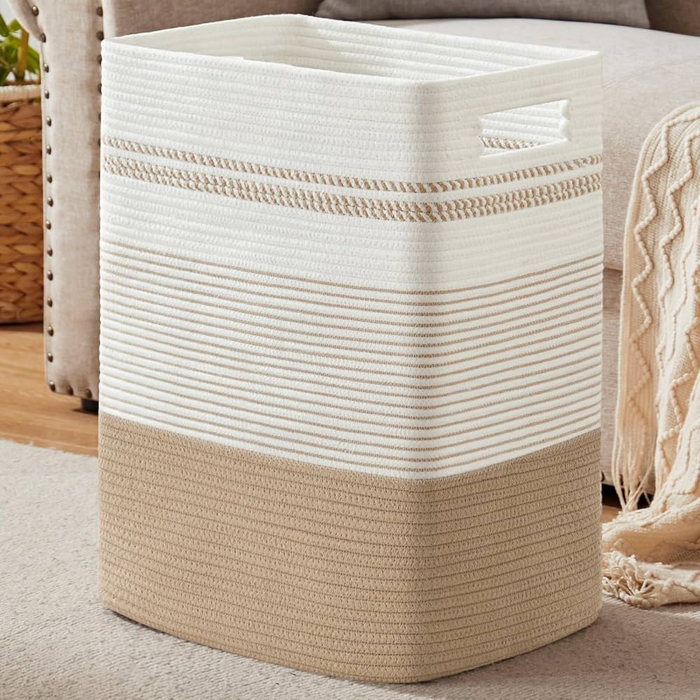 Laundry Hamper, Large Woven Rope Tall Laundry Basket with Handles, 22" X 17" X 13", Decorative St... | Amazon (US)