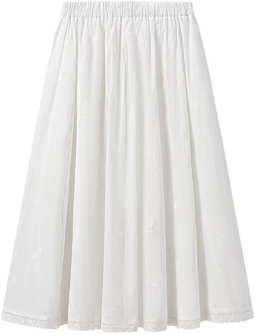 Nordic Minimalist White Embroidered Pure Cotton Skirt Commuter Casual Elegant Midi Skirt Women | Amazon (US)