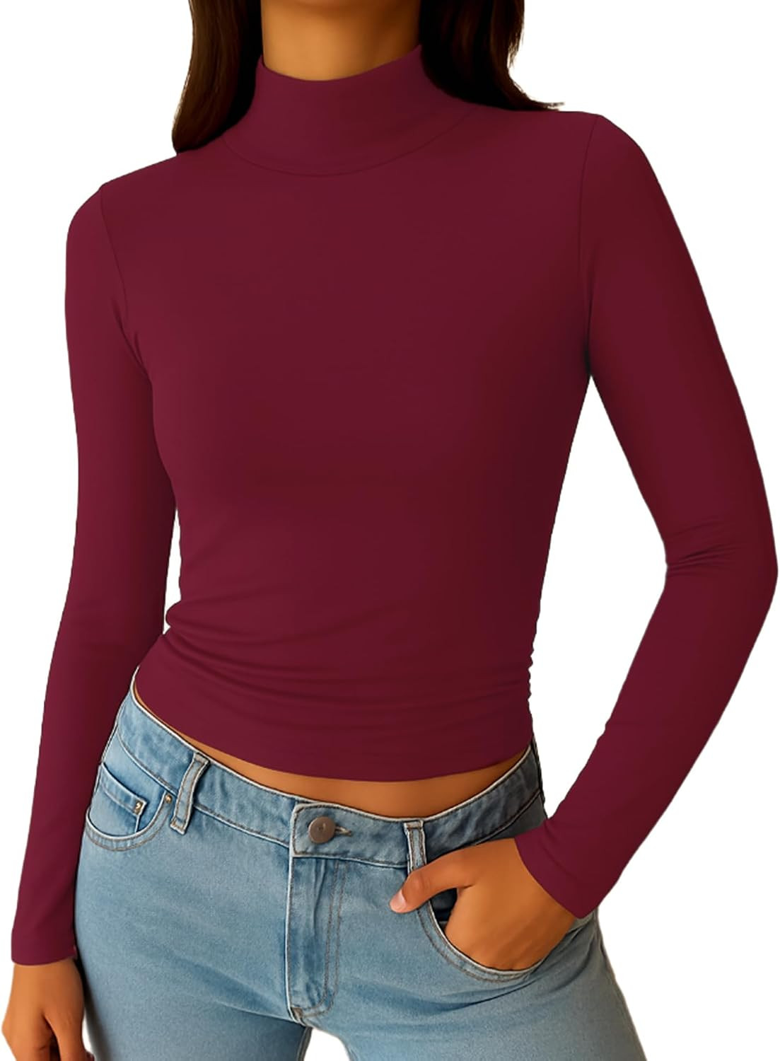 ForeFair Womens Turtleneck Mock Neck Long Sleeve Shirts Going Out Double Lined Crop Tops Slim Fitted Basic Tee | Amazon (US)