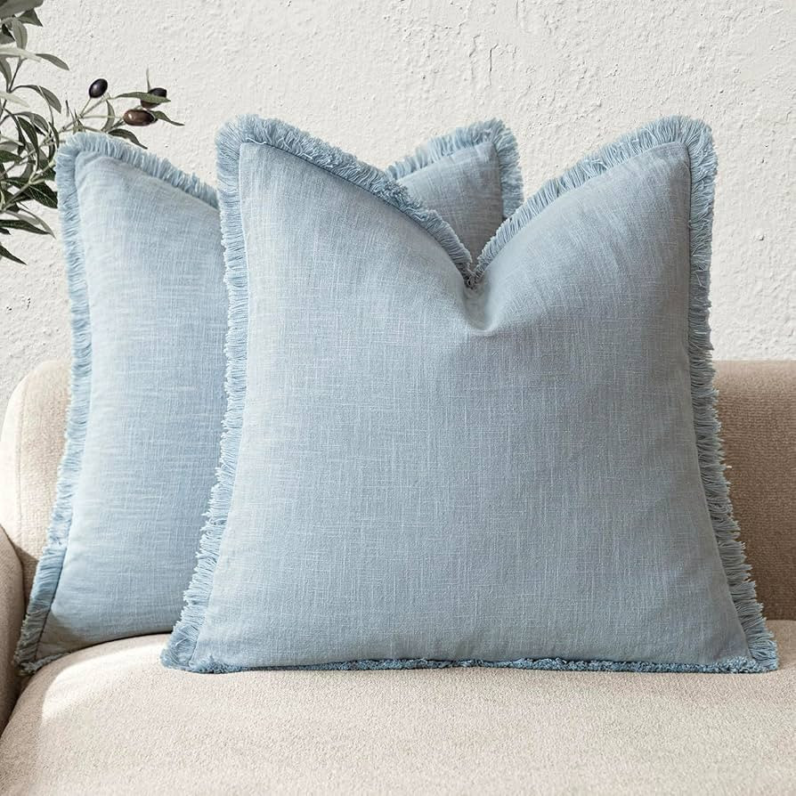 Foindtower Set of 2 Decorative Linen Fringe Throw Pillow Covers Boho Farmhouse Cushion Cover with... | Amazon (US)