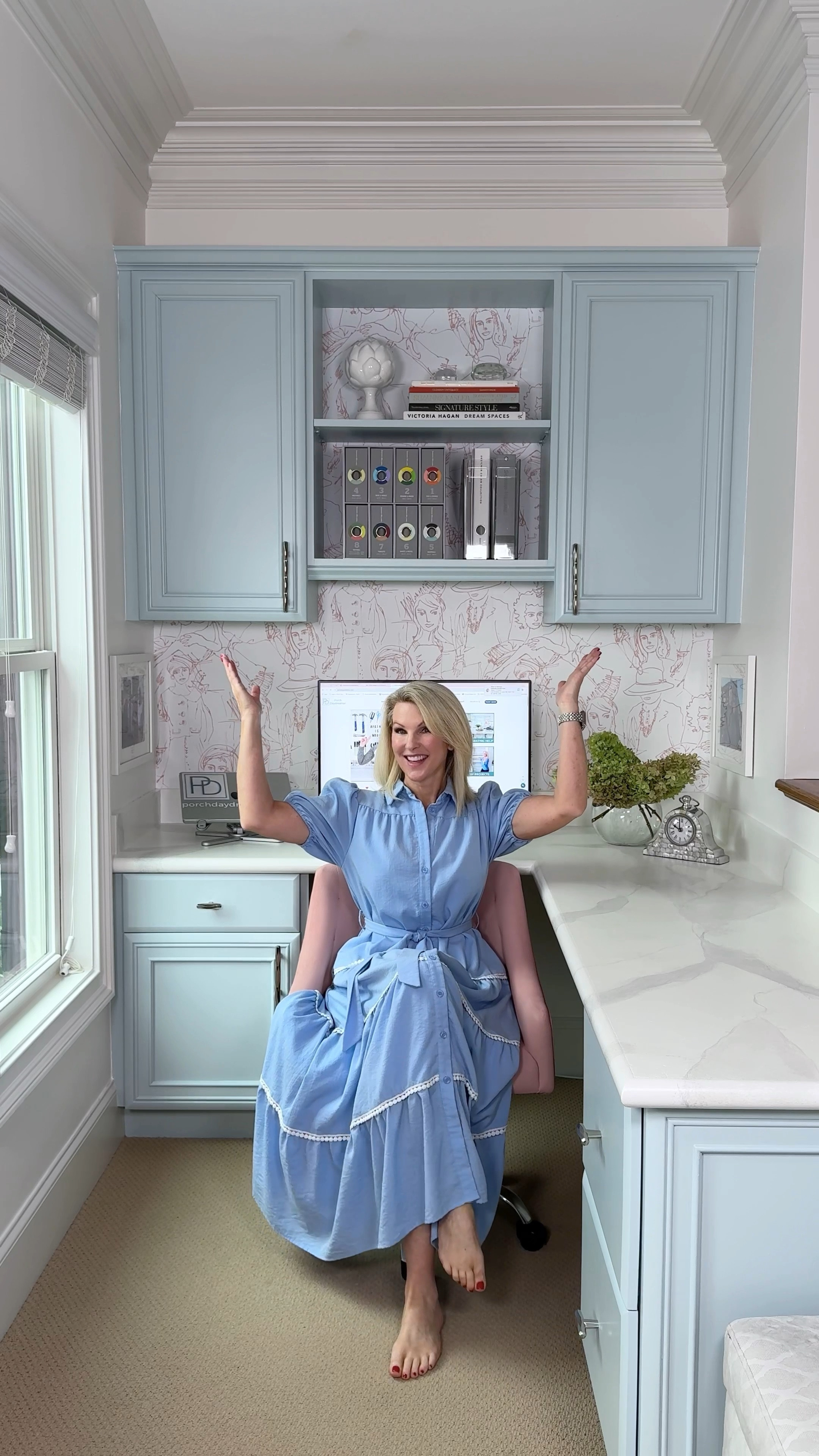 Feminine home office finds! #ad from @loweshomeimprovement! Pretty peel and stick wallpaper, cabinet hardware and under cabinet lighting you can control with your phone! Click the paint sample for the cabinet color. 

#LowesPartner @porchdaydreamer #homeoffice #officeideas

#LTKHome #LTKFindsUnder50