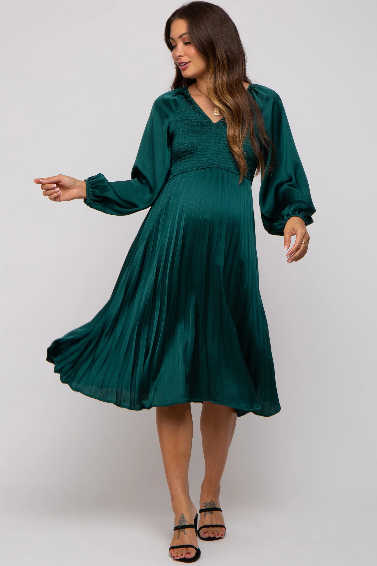 Forest Green Satin Smocked and Pleated Maternity Midi Dress | PinkBlush Maternity