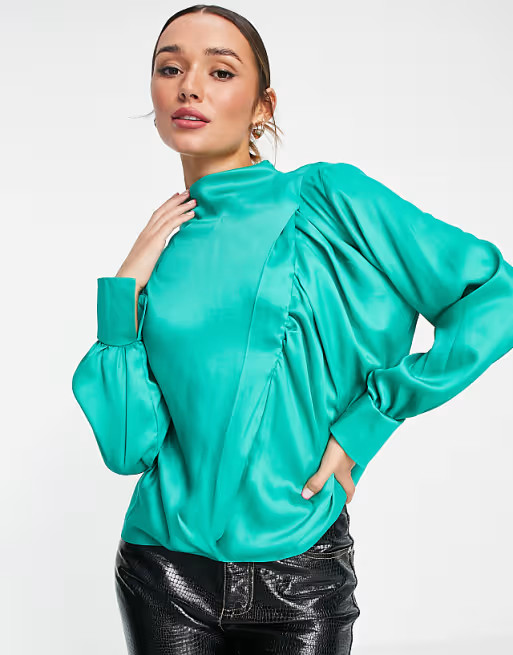 ASOS DESIGN high neck drape long sleeve smock with ruched seam detail in green | ASOS | ASOS (Global)