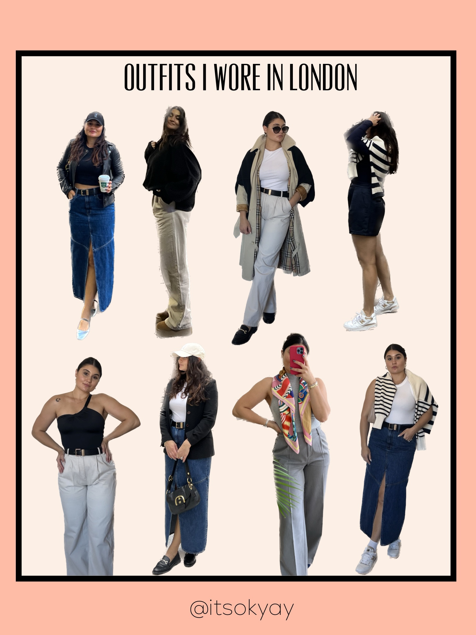 Outfits I wore for a week in London! I mixed and matched most of the pieces I packed! My denim maxi skirt and cream jeans were what I wore the most! 