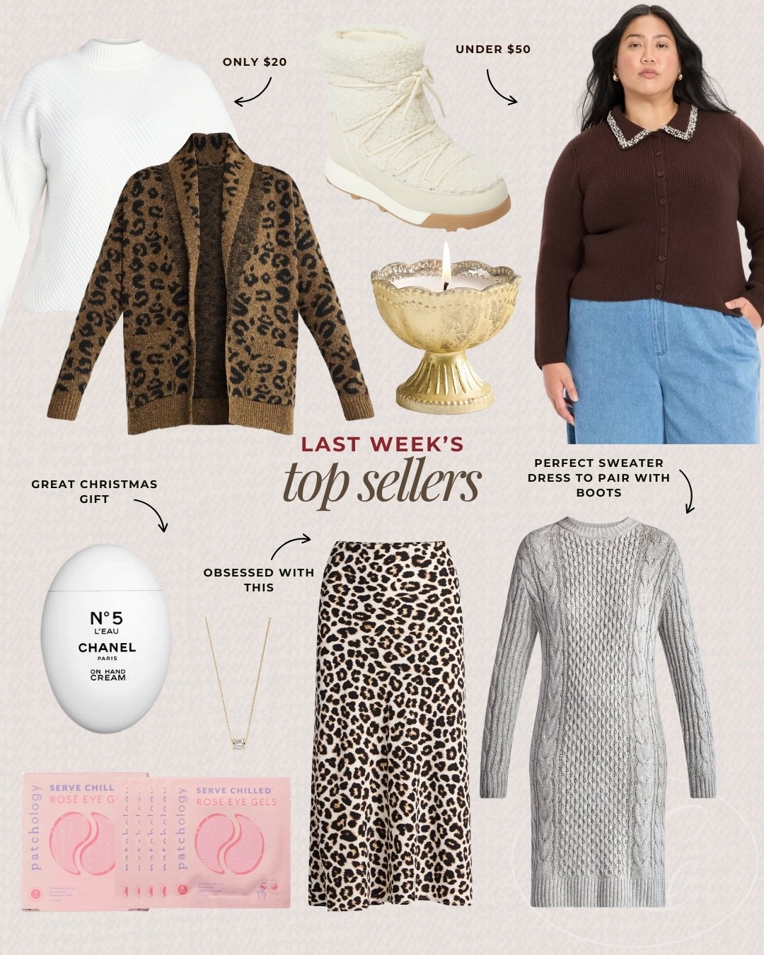Last week’s best sellers are here! I think the candle, necklace, and eye patches would make great holiday gifts! I am also loving the cheetah print shirt, target brown long sleeve, and sweater dress! 

#LTKPlusSize #LTKHoliday #LTKSeasonal