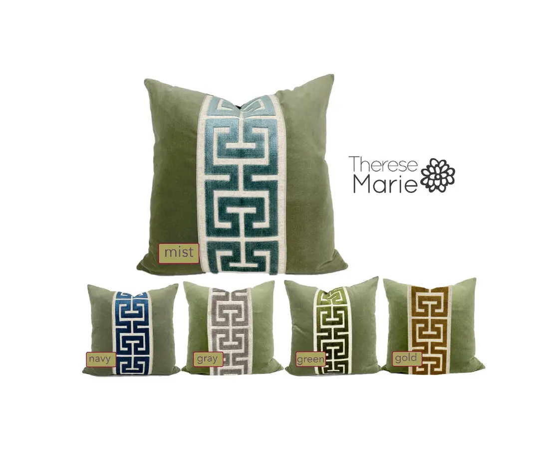 Sage Green Velvet Pillow Cover with Large Greek Key Trim - SELECT TRIM COLOR | Etsy (US)