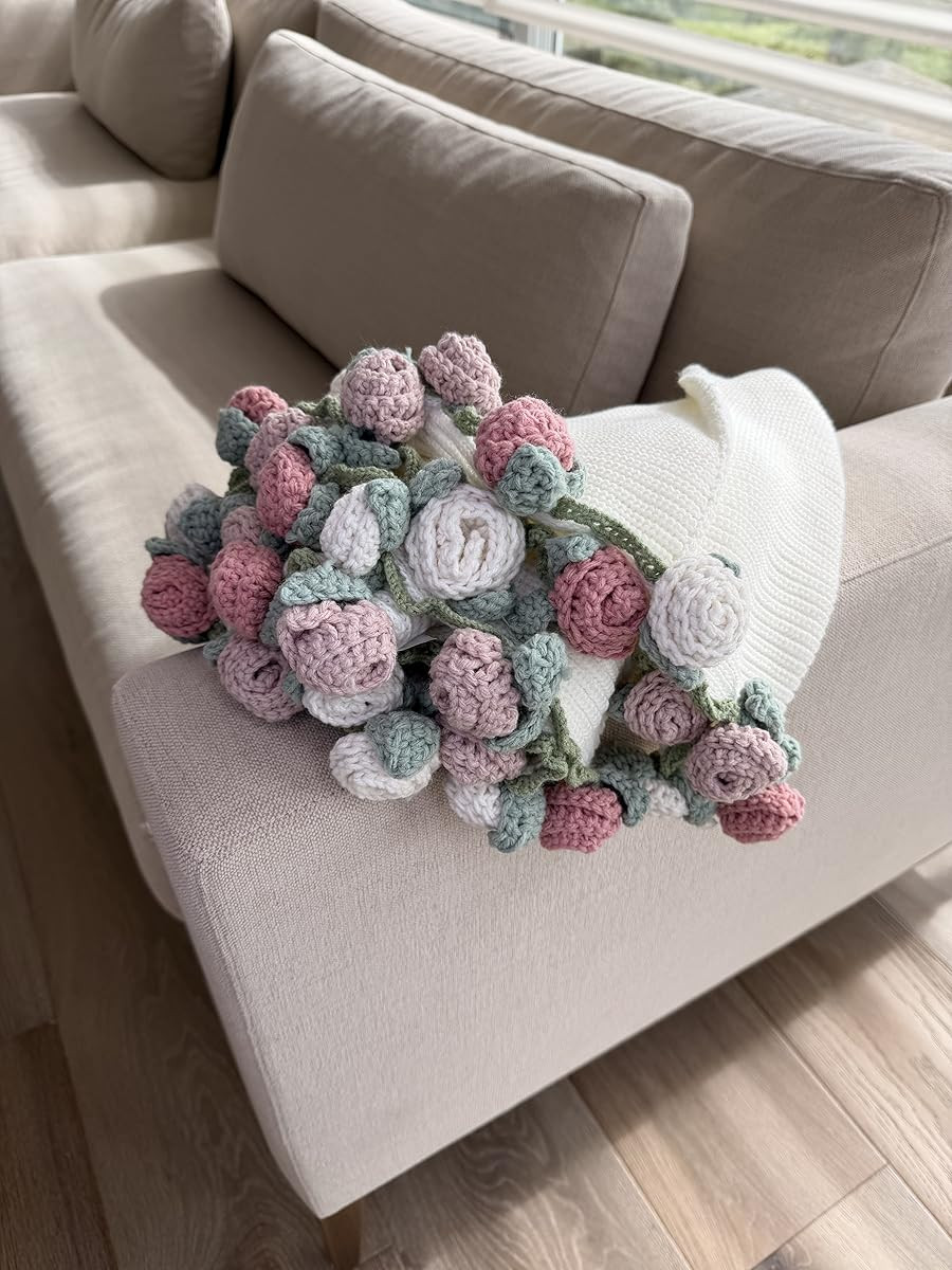 Crochet Flower Bouquet Throw Blanket, Handmade Knitted Blanket with Rose Flowers, Cute Romantic Gift for Her Girlfriend Mom Mother’s Day Valentine Wedding Anniversary Birthday, Pink and White | Amazon (US)