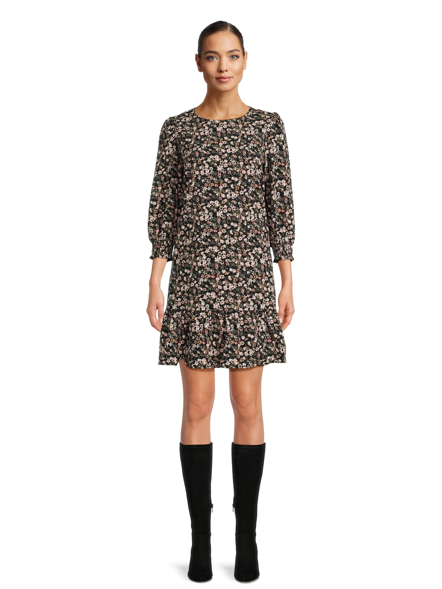Time and Tru 3/4 Sleeve Floral Print Mini Dress, Womens | Walmart (US)