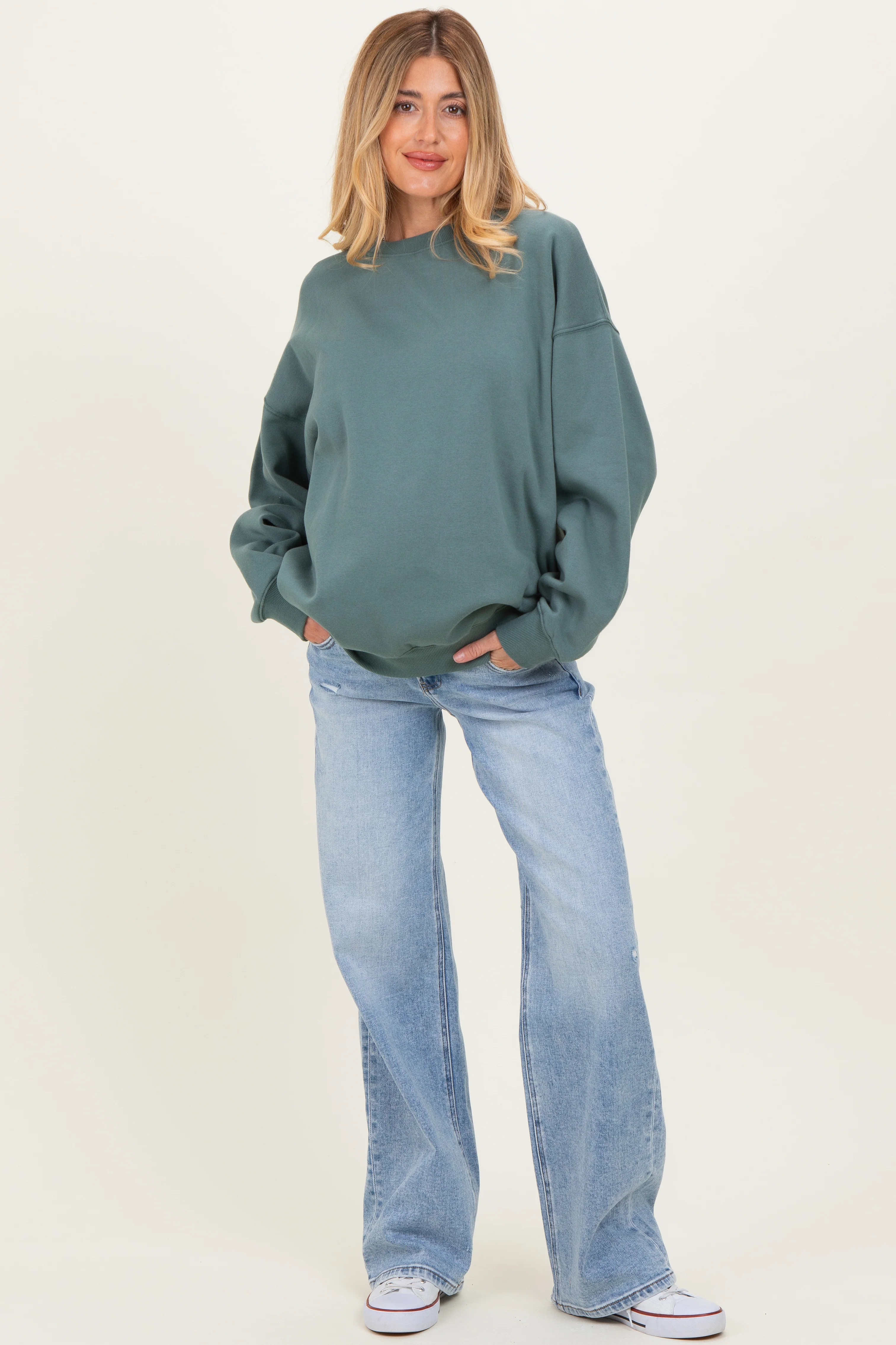Light Blue Lightly Distressed Maternity Wide Leg Jeans | PinkBlush Maternity