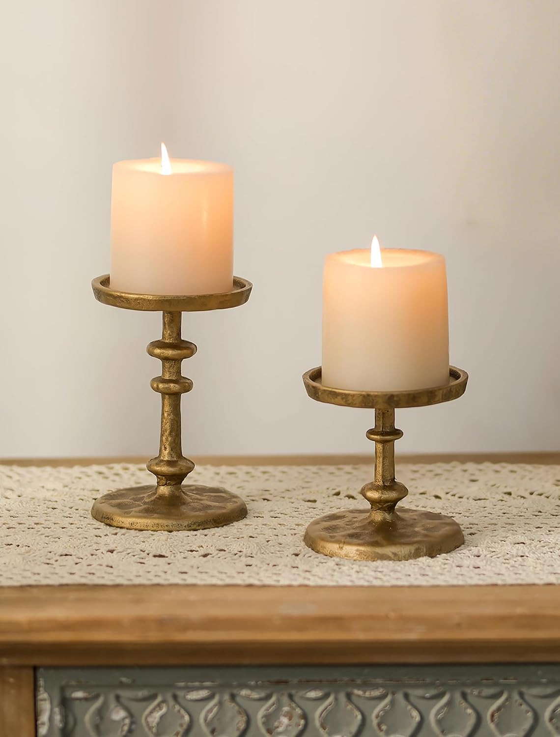 NUPTIO Gold Candle Holders for Pillar: Antique Brass Cast Iron Candle Stand | Handcrafted Hammered Decor for 3 Inch Pillars, Heavy Metal Centerpiece for Christmas Party Table Fireplace | Amazon (US)
