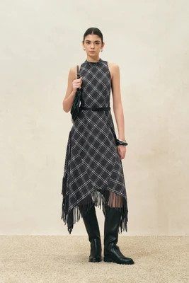 Mona Plaid Asymmetric Fringed Belted Dress in Flannel | Fabrique