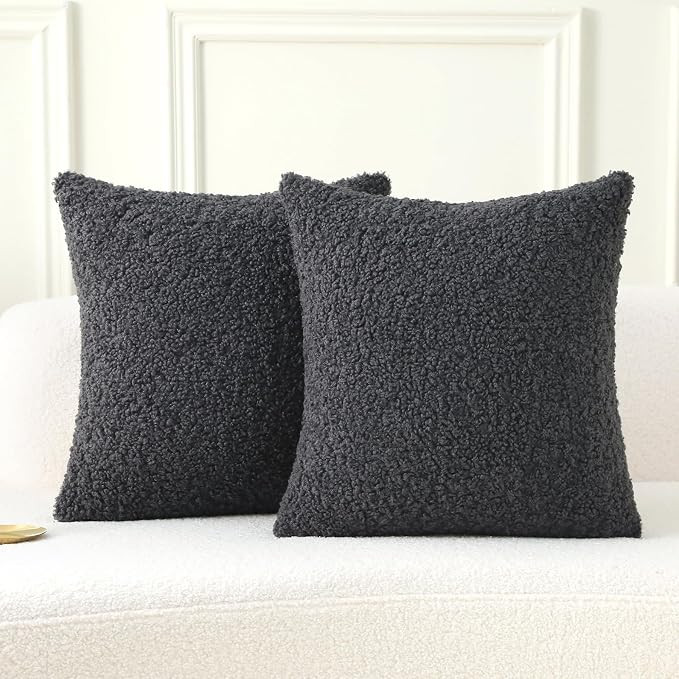 FUTEI Charcoal Throw Pillow Covers 22x22 Inch Set of 2,Furry Faux Fur Teddy Boucle Textured Cushi... | Amazon (US)