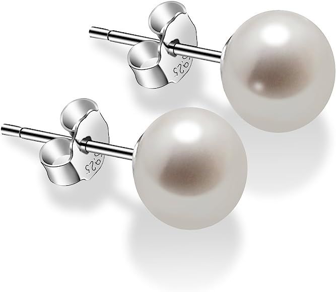Pearl Earrings for Women 7-8mm Freshwater Cultured Pearl Stud Earrings 925 Sterling Silver - VIKI... | Amazon (US)