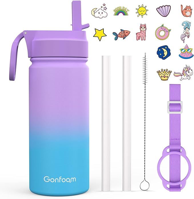 Kids Water Bottle, 16oz Water Bottles Kids with Straw and Stickers, Stainless Steel Vacuum Double... | Amazon (US)
