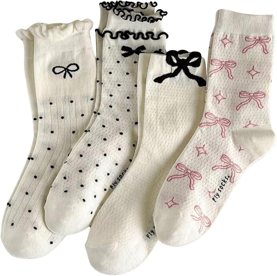 GORGLITTER Women's Ruffle Bow Socks 4 Pairs Cute Knitted Crew Socks Soft Breathable Cotton Frilly... | Amazon (US)