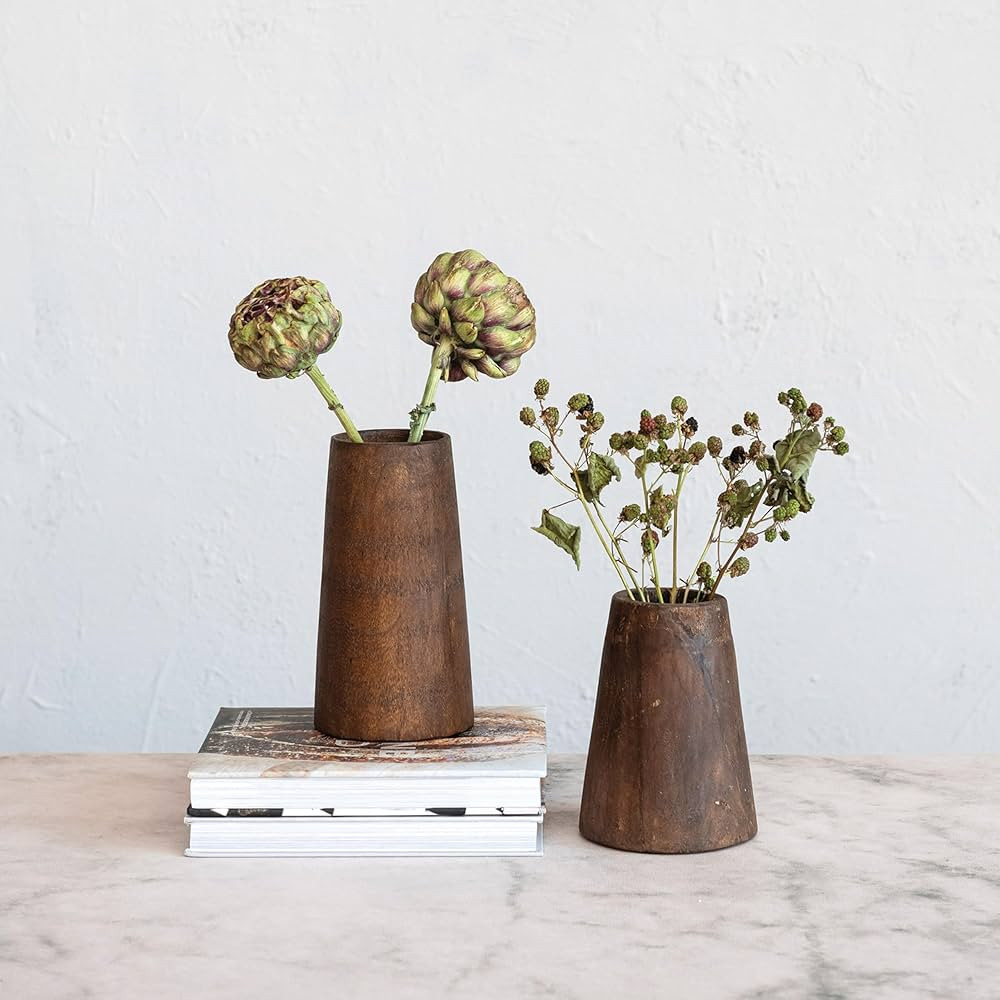Creative Co-Op Round Reclaimed Wood Vases with Distressed Finish, Brown, Set of 2 | Amazon (US)