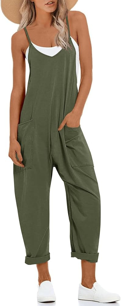 Muchpow Women's V Neck Sleeveless Jumpsuits Spaghetti Straps Harem Long Pants Overalls With Pocke... | Amazon (US)