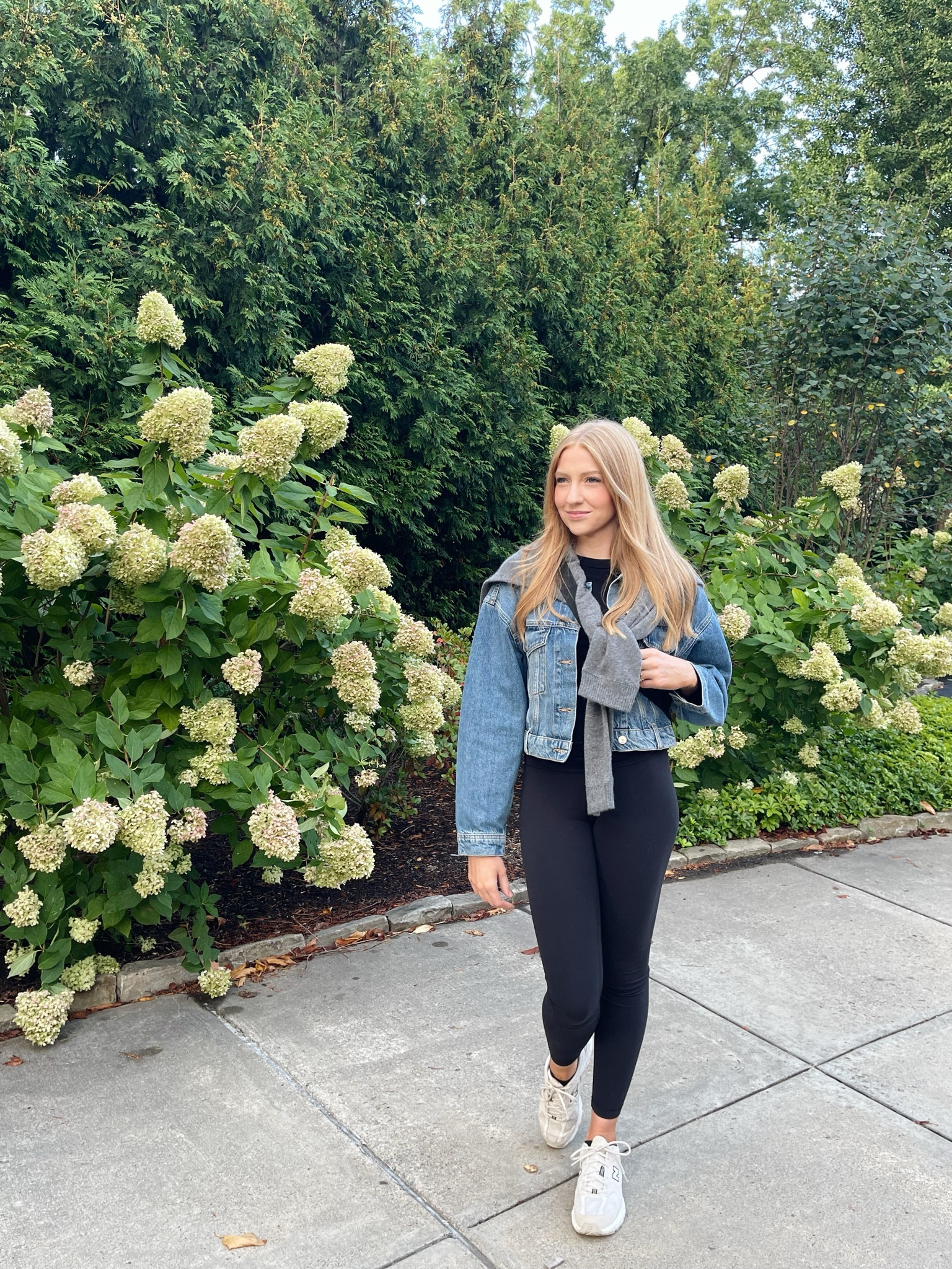 Transitional outfit, from summer to fall. I wore this on a 65 degree day and was perfectly comfortable walking around all day. I’m small in the denim jacket & sweater,  size 6 in leggings. Shoes are TTS  

#LTKSeasonal #LTKShoeCrush