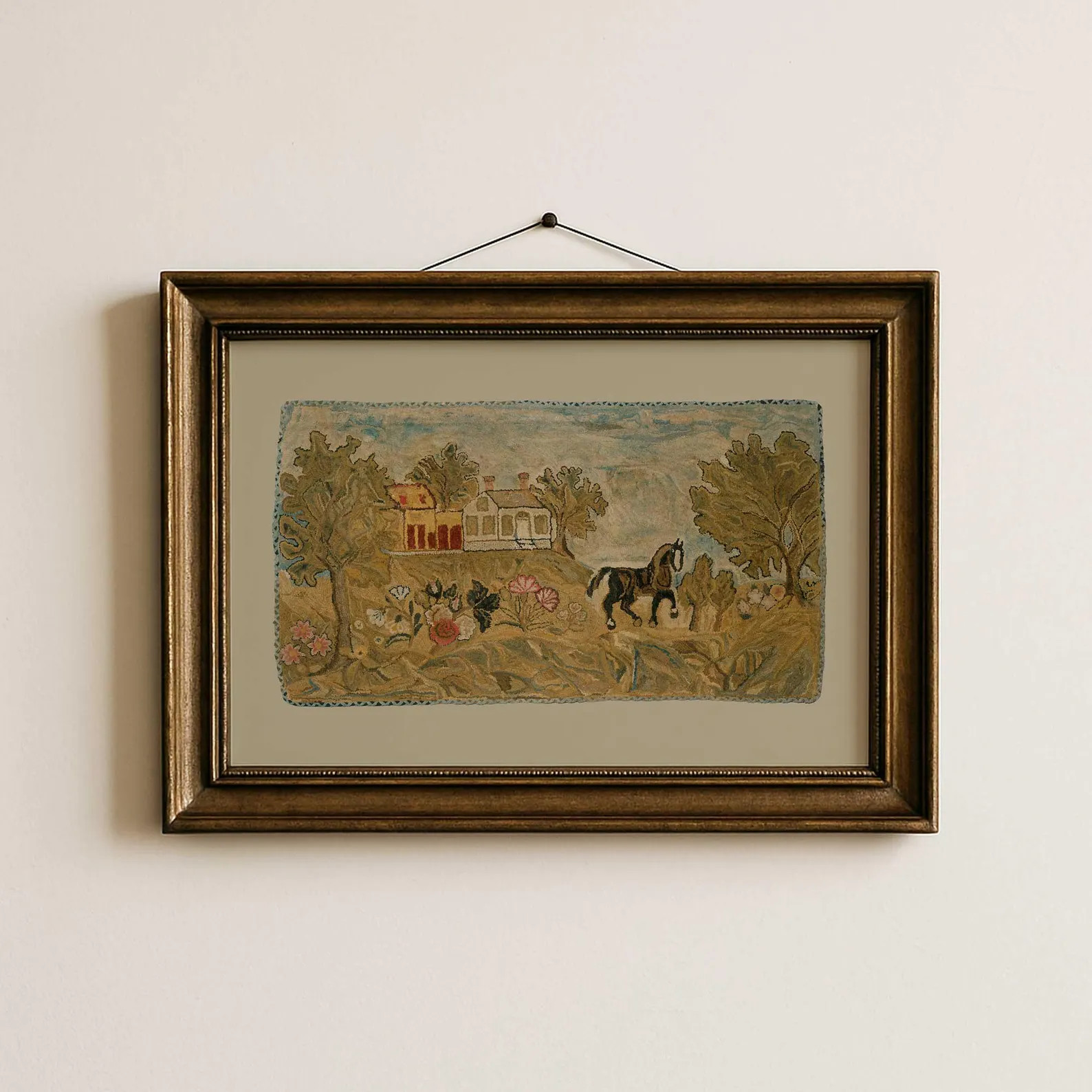 Vintage Hooked Rug Print | Horse & Cottage Scene | Nursery Wall Art | Etsy (Global)